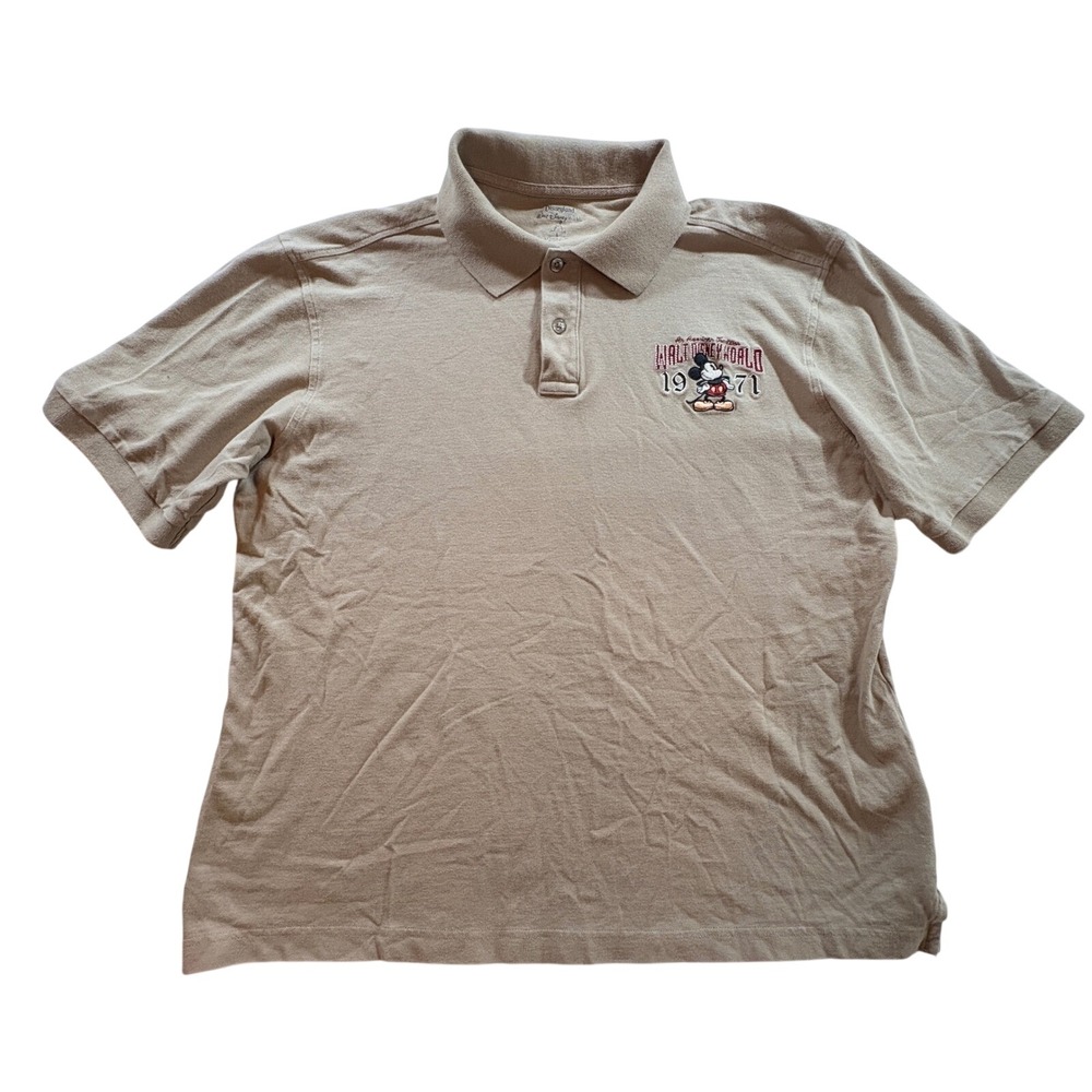 Disney Parks Walt Disney World Polo Shirt Men Large Tan Mickey Mouse Embroidered